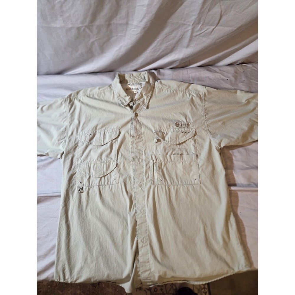 Columbia PFG Short Sleeve Button Down Adult Tan Sportswear Fishing Mens Medium